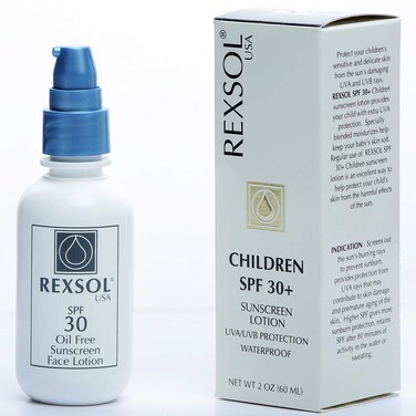 REXSOL Children SPF 30+ Sunscreen UVA/UVB Protection Waterproof   Enriched with vitamins A, C, E and natural plant extracts   With nourishing moisturizers and anti-oxidants. (60 ml / 2 fl oz)