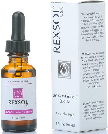 REXSOL 20% Vitamin C Serum Anti-wrinkle Firming   With Hyaluronic acid   Dark Circle &amp; Sun Damage Corrector   Effectively minimizes the appearance of fine lines, wrinkle &amp; age spots.(30 ml/1 fl oz)
