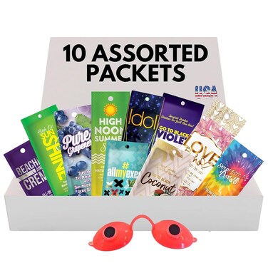 10 Pack of Tanning Bed Lotion + Eyewear &ndash; Tanning Bed Lotion Packet Box, Best Lotion for Tanning, Indoor Bed Lotion, Outdoor Sun Tan Lotion, Tanning Accelerator (0.5 oz each)