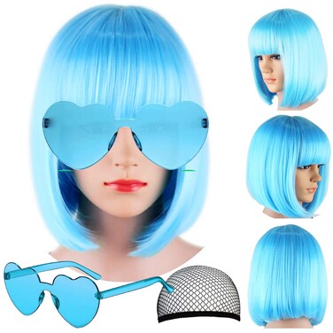 Short Bob Hair Wigs Straight with Flat Bangs Synthetic Colorful Cosplay Daily Party Neon Wig for Women + Free Wig Cap 15" Natural As Real