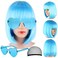 Short Bob Hair Wigs Straight with Flat Bangs Synthetic Colorful Cosplay Daily Party Neon Wig for Women + Free Wig Cap 15" Natural As Real