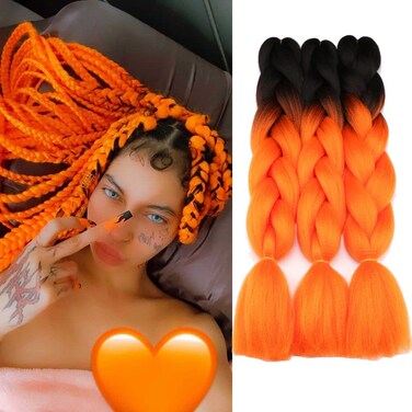 Jumbo Braiding Hair Attachment Ombre orange color halloween Christmas style 3pakcs synthetic box braids Hair Extension 24Inch Crochet Braids (Orange)