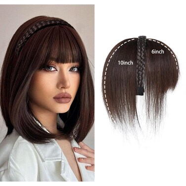 Women 10" Twist Braid Headband Straight Hairpieces Human Hair Clip In Topper Hair Extension With Bangs Invisible Natural (Dark Brown)