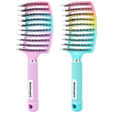 2 Pack Detangling Brush Getting Knots Out without Pain Adds Shine and Makes Hair Smooth,Detangler Boar Bristle Hair Brush for Adult &amp; Kids Wet or Dry Hair(Green&amp;Pink)