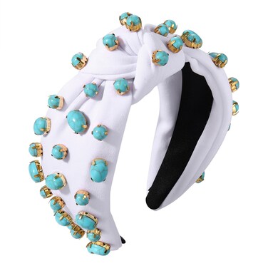 ZITULRY Knotted Headbands for Women Turquoise Top Knot Wide Headband Boho Turquoise Jeweled Embellished Top Knot Hairband Western Turban Hair Accessories (Turquoise Hairband White)