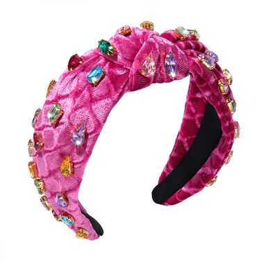 Jeweled Knotted Headband for Women Crystal Embellished Soft Flannel Hairband Women's Fashion Headbands Hair Accessories (Rose Red - Style B)