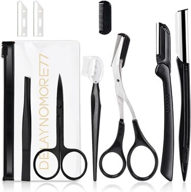 Eyebrow Razor Kit, 9 in 1 Professional Eyebrow Grooming Set for Women and Men, Including 3 Razors Trimmer,1 Tweezer,2 Scissors,2 Replacement Blades,1 Storage Bag