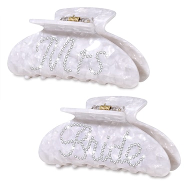 2 Pack Rhinestone Mrs Acetate Hair Claw Clips for Thick Hair - White, Bachelorette Party Favors, Bridal Accessories, Bride Gifts