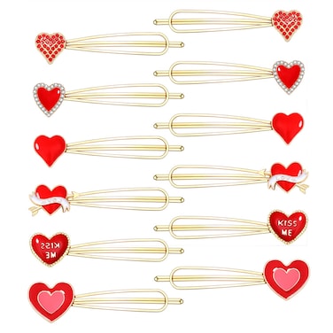 12PCS Valentine's Day Heart Hair Clips Rhinestone Enamel Heart Bobby Pins Red Kiss Me Love Heart Hairpins Sweet Lovely Heart Hair Barrettes Set for Women Girls Styling Hair Accessory