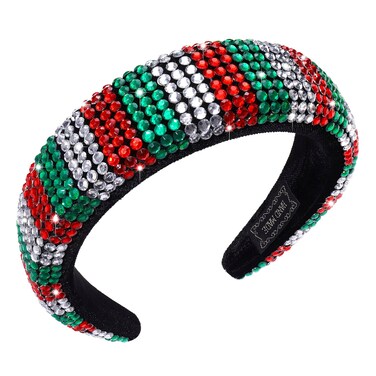 Christmas Rhinestone Padded Headband Xmas Headbands for Women Girls Red Green Sliver Crystal Velvet Wide Bejeweled Hairband
