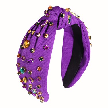 Rhinestone Knotted Mardi Gras Headband for Women Sparkly Crystal Embellished Hairbands Twist Turban Headband Elastic Wide Velvet Hair Hoop Party Holiday Headwear for Girls (Mardi gras colors)