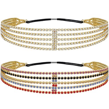 ANCIRS 2 Pack Multi Layered Elastic Headband for Women, Adjustable Rhinestone Bridal Headpieces, Stretchy Crystal Jewelry Hair Bands Accessories for Girls