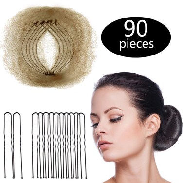 Zonon Bun Hair Nets Invisible Elastic Edge Mesh and U Shaped Pins Set, 50Pcs Individual Package Invisible Hair Nets, 40Pcs U Shaped Pins for Ballet Bun, Sleeping, Women and Wig (Light Linen)