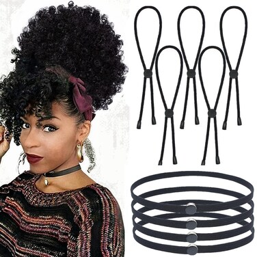 8 PCS Adjustable Hair Bands - Thick Heavy, Curly, Afro Puff Ponytail Holders for Women's Long Hair, Braids, Crochet (Black)