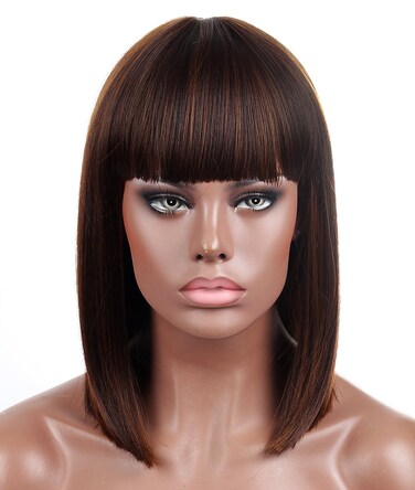 Kalyss Blunt Bob Short Hair Wigs for Women Heat Resistant Yaki Human Hair Blended Brown Highlights Women&rsquo;s Wig With Hair Bangs (Brown)