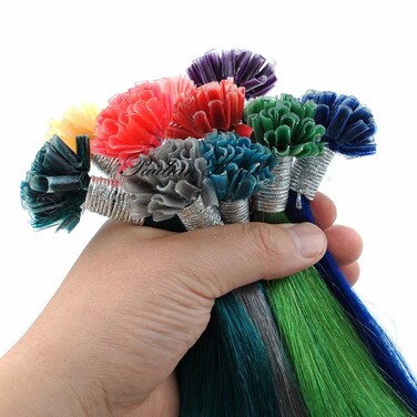 Rainbow Colorful Pre Bonded U Tip Fusion Human Hair Hair Extension Nail Tip Keratin Stick Straight Nail Tipped Pre-bonded Hair Extensions For Women 10 strands 20'' Long (20inch (10strands/lot), Blue)
