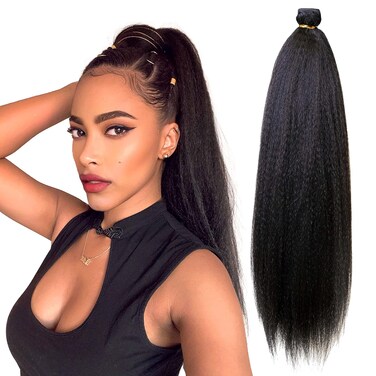 Darling Kinky Straight Ponytail Hair Extension 1X (1 Pack, 1X per Pack), Wrap-Around Pony, Natural Black Soft Texture, Drawstring Wrap Around Clip in Yaki, 26 Inch, #1