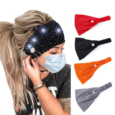 Bohend Boho Button Headband Wide Stretchy Daily Use Knotted Headwear Sport Athletic Yoga Gym Rhinestone Crystal Hair Accessories for Women and Girls(4pcs) (H)