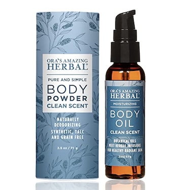 Natural Body Powder and Oil Set, Dusting Powder, Body Oil, No Talc, Corn, Grain, Gluten, Clean Scent Powder 2.5 oz with Travel Size Clean Scent Oil 2 oz, Ora's Amazing Herbal