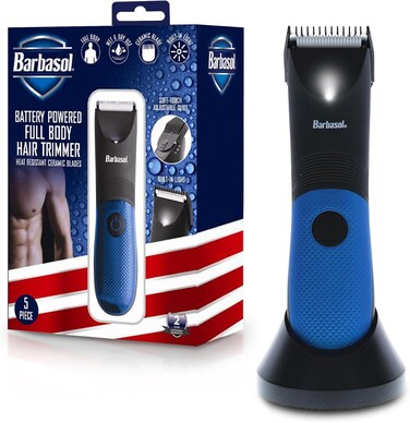 Barbasol Body Hair Trimmer for Men, with Adjustable Guide Shield, Built in Light, Heat Resistant &amp; Hypoallergenic Ceramic Blade, Wet and Dry Waterproof Trimmer, Full Body Battery Powered Trimmer