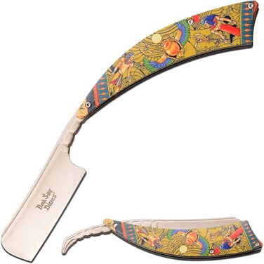 Dark Side Blades - Razor Style Folding Pocket Knife &ndash; Satin Finish Stainless Steel Razor Blade, Aluminum Handle with Egyptian Artwork Design, EDC, Razor, Shave, Shaving, Fantasy - DS-082EG