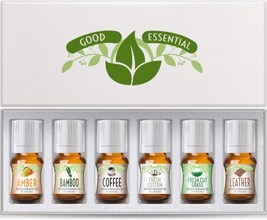 Good Essential Fragrance Oils Set of 6 Scented Oils from Amber Oil, Coffee Oil, Leather Oil, Fresh Cotton Oil, Fresh Cut Grass Oil, Bamboo Oil: Aromatherapy, Perfume, Soaps, Candles, Slime, Lotions!