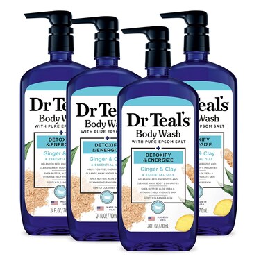 Dr Teal's Body Wash With Pure Epsom Salt, Detoxify &amp; Energize With Ginger &amp; Clay, 24 fl oz (Pack of 4)