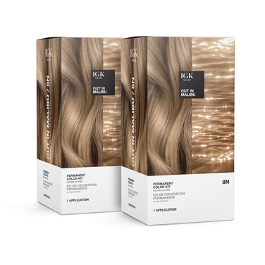 IGK Permanent Hair Color Kit   8N Out in Malibu - Natural Blonde   100% Gray Color Coverage + Strengthen + Shine   Ammonia Free