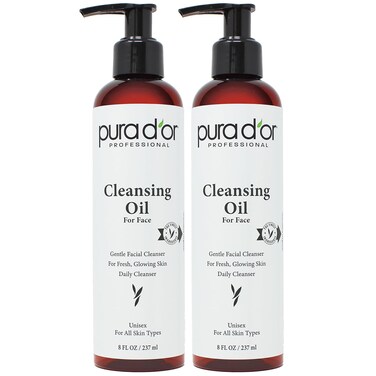 PURA D'OR Facial Cleansing Oil (8 Oz x2 = 16 Oz) Nourishing Botanical Blend with &amp; Vitamin, Jojoba and Sunflower Oil - Gentle Makeup Remover &amp; Deep Cleanser For Healthy, Glowing Skin - Paraben-Free