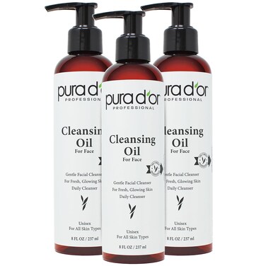 PURA D'OR Facial Cleansing Oil (8 Oz x3 = 24 Oz) Nourishing Botanical Blend with &amp; Vitamin, Jojoba and Sunflower Oil - Gentle Makeup Remover &amp; Deep Cleanser For Healthy, Glowing Skin - Paraben-Free
