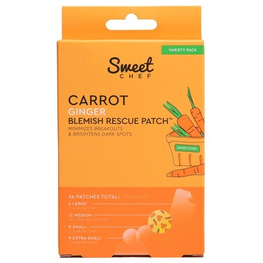 Sweet Chef Carrot Ginger Rescue Blemish Patches - Hydrocolloid Bandages Spot Treatment - 4 Different Shape and Size Pimple Patches with Resurfacing Carrot &amp; Brightening Ginger (36 Patches)