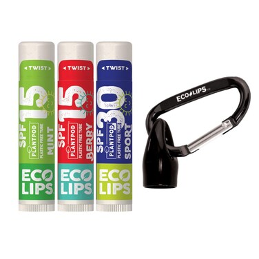 Eco Lips Broad Spectrum SPF Sun Protection Lip Balm 3-Pack with Carabiner Eco Clip (Berry, Vanilla, Mint) With Cocoa Butter &amp; Aloe to Moisturize Lips   Made in USA
