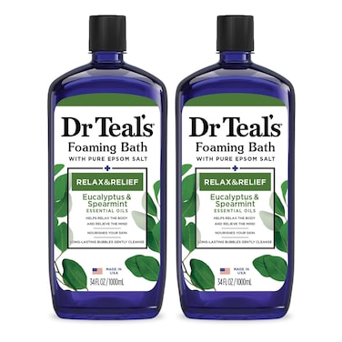 Dr Teal's Foaming Bath with Pure Epsom Salt, Relax &amp; Relief with Eucalyptus &amp; Spearmint, 34 fl oz (Pack of 2)