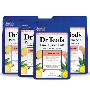 Dr Teal's Pure Epsom Magnesium Salt Soak, Stress Relief with Ginseng &amp; Ginger Essential Oils, 3 lbs (Pack of 4)