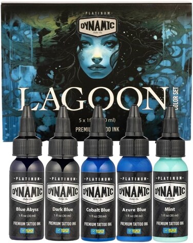 Dynamic Color Co- Tattoo Ink Set: Lagoon - Dive into Brilliance with 5 Vibrant Blue Shades (1 oz Each) from The Platinum Collection. Reach Compliant, Crafted in Spain. Since 1990