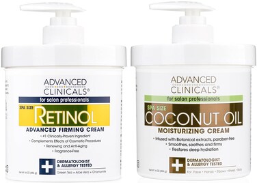 Advanced Clinicals Retinol Body Lotion + Coconut Oil Cream 2pc Set   Moisturizer Face Lotion &amp; Body Cream   Crepey Skin Care Treatment   Coconut Body Lotion + Retinol Cream Targets Crepe Skin, 2pc