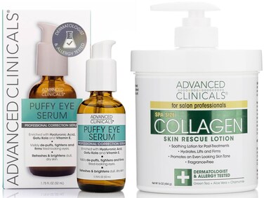 Advanced Clinicals Collagen Cream + Puffy Eye Face Serum 2pc Set   Firming Collagen Body Lotion &amp; Brightening Under Eye Serum   Fragrance Free   Skin Tightening Cream   Skin Care Products, 2pc Bundle
