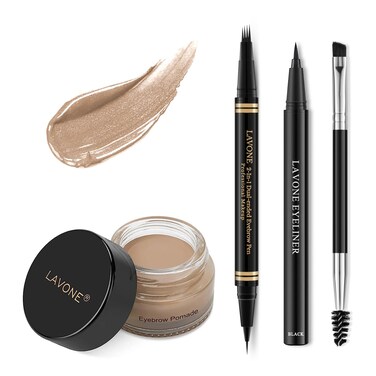 Eyebrow Makeup Kit - 4 Tip Waterproof Microblading Pencil, Eyeliner, Pomade, Dual-ended Brush, Natural Looking - Blonde