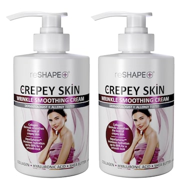Reshape+ Crepey Skin Treatment Cream Wrinkle Smoothing Lotion Anti Aging Skin Care Moisturizer For Face, Arms, Neck, &amp; Body W/Collagen &amp; Hyaluronic Acid To Plump Sagging Skin, 15 Fl Oz (Pack of 2)