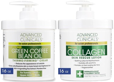 Advanced Clinicals Collagen Firming Cream + Green Coffee Bean Oil Cellulite Body Lotion Moisturizer Skin Care Set, Anti Aging Firming &amp; Tightening Dry Skin Rescue Face &amp; Body Cream Set, 16oz (2-Pack)
