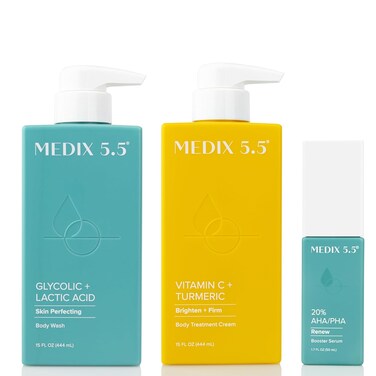 Medix 5.5 Anti Aging Skin Care 3PC Set, Vitamin C Body Cream + Exfoliating AHA Glycolic Acid Foaming Face Wash &amp; Body Wash + 10% AHA Exfoliating Serum For KP Bumps, 3pc Skincare Set