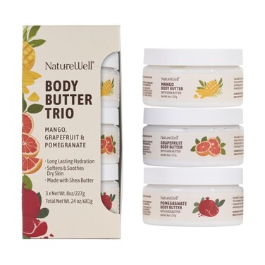 NATURE WELL Shea Body Butter Variety Pack, Includes Grapefruit, Mango, &amp; Pomegranate, Provides Ultimate Nourishment &amp; Hydration, 3 Pack (8 Ounces Each)
