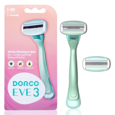 Dorco EVE3 Razors - Extra Smooth Shaving with 1 Handle &amp; 2 Blade Refills, 3 Curved Blades, Flexible Aloe Vera Moisture Bar, Interchangeable Cartridge for Sensitive Skin