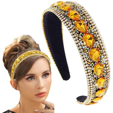 Sparkly Rhinestone Headband Yellow Crystal Padded Wide Hairband Glitter Shine for Daily Women Yellow