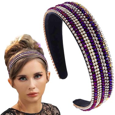 Sparkly Rhinestone Headband Purple Beads Crystal Padded Wide Hairband Glitter Beaded Headpiece for Women