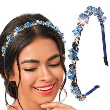 Urieo Blue Crystal Headband for Women and Girls Rhinestone Hair Band Party Wedding Jeweled Hair Accessories
