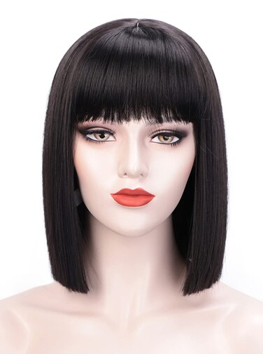 Short Black Wigs for Women Costume 12'' Black Bob Wig with Bangs Cute Natural Soft Hair Wigs for Daily Party AD016BK1