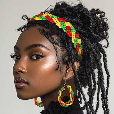 African Elastic Bead Headband Earrings Set Jamaican Accessories Black History Month Headpiece for Women and Girls (A)