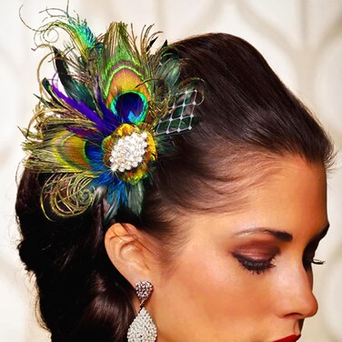 Yokawe Peacock Feather Hair Clip Peacock Fascinator with Rhinestone 1920s Flapper Fascinator Wedding Dance Party Hair Accessories for Women