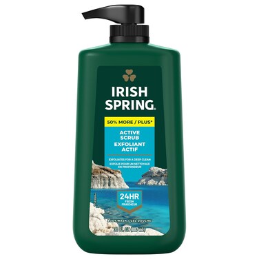 Irish Spring Active Scrub Exfoliating Body Wash for Men, 24-Hour Fresh, Face and Body Wash, Men&rsquo;s Body Wash, Biodegradable Ingredients, Paraben Free, Cool Fresh Scent, 30 fl oz Pump Bottle